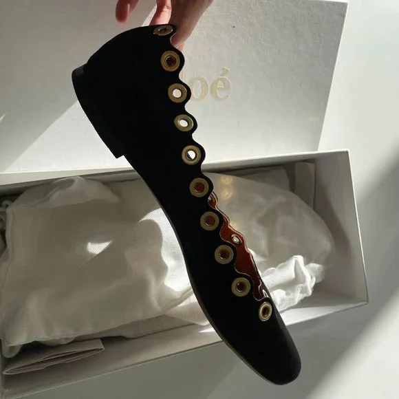 Chloe Scallop Black Ballet Shoes with Gold Embellishment - Picture 1 of 5